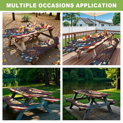 ANNA QUEEN Patriotic American Eagle 6FT Picnic Table Cover with Bench Covers Set of 3 with Drawstring Bag, USA Flag Eagle 72"x30" Waterproof Picnic Tablecloth & Bench Covers for Outdoor BBQ - color: #64