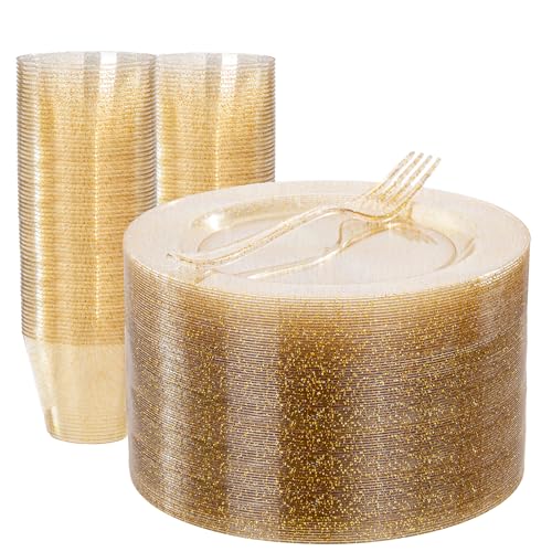 WELLIFE 150PCS Gold Plastic Plates – Gold Glitter Disposable Dinnerware Set for 50 Guests (7.5" Dessert Plates), Includes 50 Plates, 50 Cups & 50 Forks for Wedding & Birthday Party Tableware - color: Gold Glitter(150pcs), size: 50 Guests