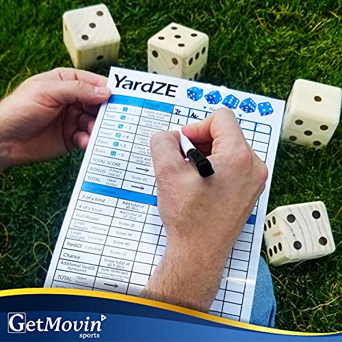 GETMOVIN SPORTS Giant Wooden Playing Dice Set with Roll Bucket and Scorecard, Outdoor Lawn Yard Game - Includes 6 Dice, Dry Erase Scorecard W/Marker, Roll Bucket, Carrying Bag (3.5" Dice)