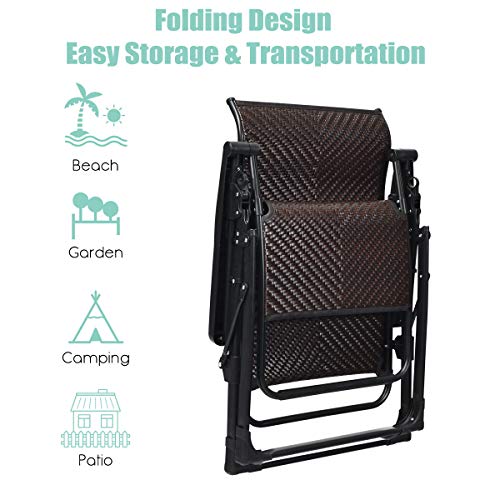 Tangkula 2 PCS Rattan Zero Gravity Chair, Outdoor Adjustable Folding Lounge Chair with Widened Armrest & Locking System, Heavy Duty Wicker Chaise Folding Recliner for Pool, Patio, Beach, Yard (2)