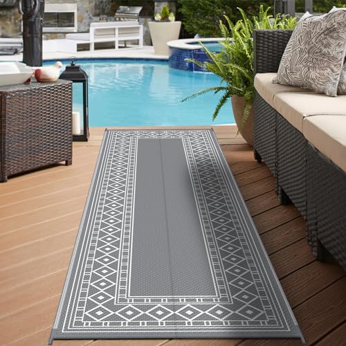 GENIMO Outdoor Rug Waterproof for Patio, 2.5'x8' Foldable Reversible Plastic Straw Runner Rugs and Carpet for Porch, Outside Area Mat for Rv, Deck, Picnic, Camper, Balcony, Beach, Grey & White - color: Grey & White | Natural, size: 2'6" x 8' (Runner)