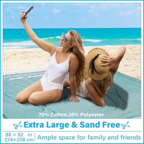 Oversized Turkish Beach Towel Blanket XXL Cotton Sandproof Towels Boho Woven Extra Large Big Sand Free Giant Throw Blankets Huge Quilt XL Picnic Camping Necessities Cloud For Adult Gifts Teal - color: Z Teal Mtb, size: XXXL(88x82 IN,224x208 CM)