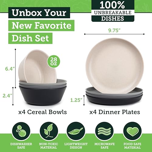 Grow Forward Premium Wheat Straw Plates and Bowls Sets - 8-Piece Wheat Straw Dinnerware Sets - Unbreakable & Reusable Microwave Safe Plastic Dinner Plates for Outdoors, RV, Camping Dishes - Moonlight - color: Moonlight
