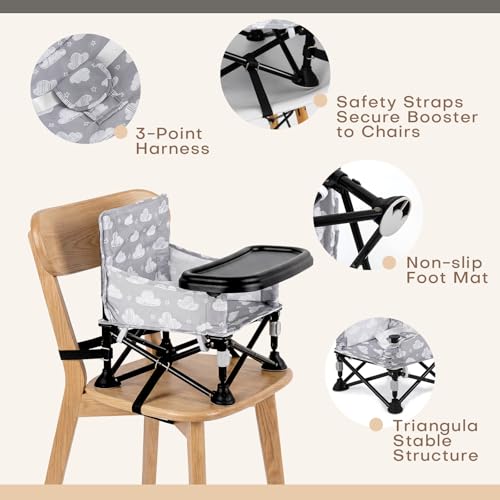 Toddler Booster Seat for Kitchen Chair & Travel - Portable Foldable with Removable Tray, Baby Camping Chair 6-36 Months Indoor Outdoor (White Cloud Design) - color: White Cloud Booster Seat