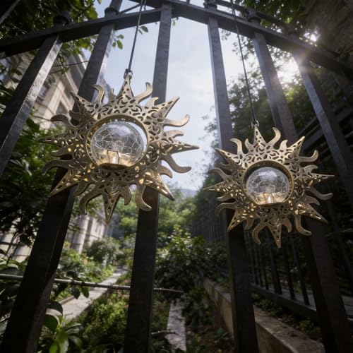 Hanging Solar Sun Lights Outdoor Waterproof Decor, 2 Pack Metal Daystar Shell & Glass LED Globe Lanterns for Garden, Backyard, Balcony, Patio, Tree, Wall, Mother's Day Gifts for Women Mom