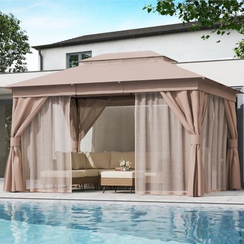 LAUSAINT HOME 10'x13' Outdoor Gazebo, Upgraded Metal Frame Heavy Duty Patio Canopy Tent Shelter with Double Roofs, Mosquito Nettings and Privacy Screens for Backyard, Garden, Lawn, Khaki - color: Khaki, size: 10'x13'