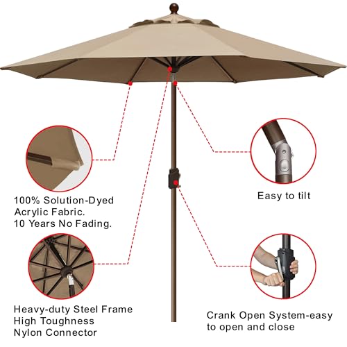 EliteShade USA 10-Year-Non-Fading 9Ft Market Patio Umbrella, UPF 50+ UV Protection Performance Sun Umbrella, Heavy Duty Commercial Grade Outdoor Table Umbrella with Crank & Tilt, Windproof Vented Top for Garden, Pool, Deck and Outdoor Playsets,Heather Bei