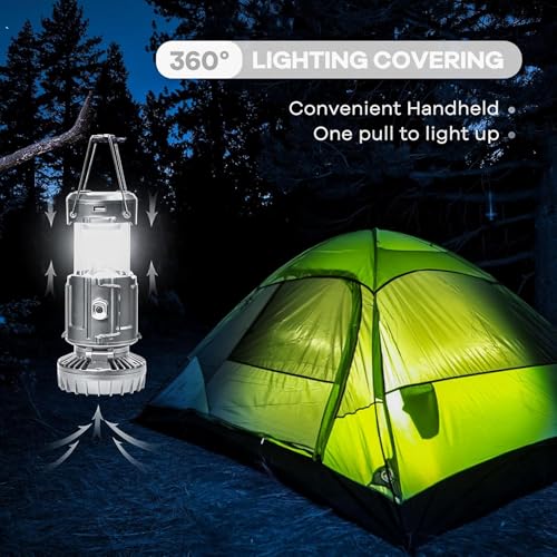 Solar Camping Lantern with Fan, Collapsible USB Rechargeable & Battery Powered Emergency Hanging Lights for Camping Tent Hurricanes Power Outages Storm Indoor Outdoor (Upgraded, 1 Pack) - style: Casual-Silver gray