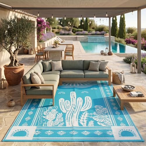 Garvee Waterproof Outdoor Rug 5x8, Cactus Botanical Outdoor Plastic Straw Rug for Camping, Reversible RV Mat Outside, Indoor Outdoor Carpet for Porch, Deck, Backyard, Balcony, Teal Blue - color: Blue--cactus, size: 5' x 8' (Rectangular)
