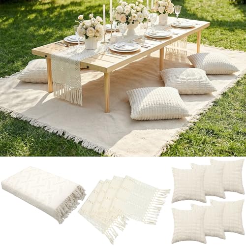 Beeveer Extra Large Outdoor Boho Picnic Blanket 91'' x 71'' White Table Runner 6 Throw Pillow Cover Woven Cotton Yarn Oversize Beach Blanket Washable for Picnic Camp Wedding - color: White, size: Fit 4-6 People 91'' X 71''