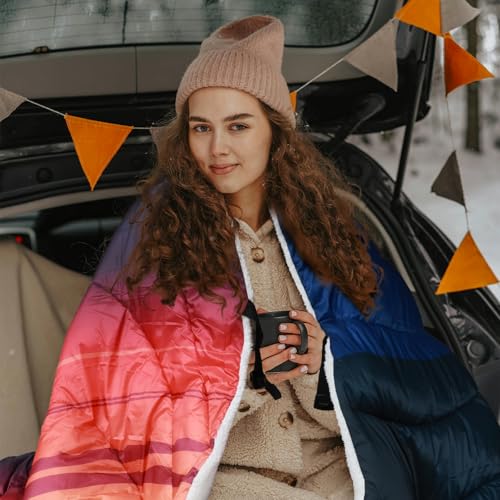 zzlamb Outdoor Camping Blanket with Sherpa Lining,Puffy Thick Camp Quilt for Sleeping,Packable Warm Wearable Fleece Blankets for Cold Weather,Traveling,Backpacking,Picnics,Beach,Stadium 52x75in - color: Blue Mountain With Red Sun