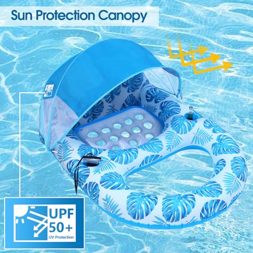 COOLCOOLDEE Pool Lounge Float with Canopy UPF50+,Extra Large Pool Floats for Adults Heavy Duty,Inflatable Lounger Float with Cup Holder & Backrest,Footrest - color: Blue