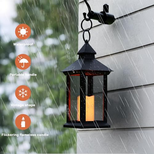 JOIONE Lanterns Decorative Indoor, 2 Packs 14" Battery-Powered Waterproof Black LED Candle Lanterns with Timer for Patio & Outdoor, Vintage Hanging Lantern for Home Decorations, Transparent - style: Transparent Decorative Lantern