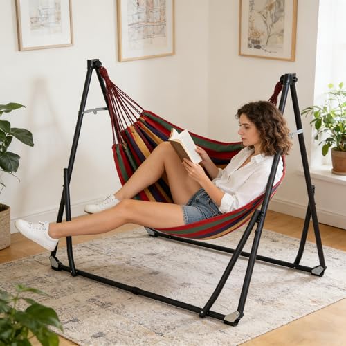DlandHome Hammock with Stand, Heavy Duty Portable Hammock, 440 lbs Weight Capacity, Outdoor Hammock Chair with Carrying Bag & Adjustable Steel Stand for Patio, Garden, Beach, Backyard, Classic Red