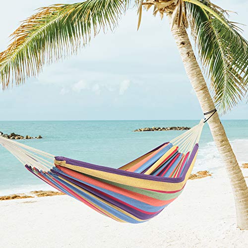 Double Hammock with Steel Stand, Adjustable Hammock Bed,Portable Outdoor Polyester Hammocks Set,2-Person Heavy-Duty Hammocks for Camping Garden Backyard Patio,250lbs Capacity (Colorful) - color: Colorful