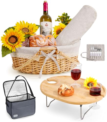 Picnic Basket for 2 with Table and Blanket, Collapsible Cooler Bag Insulated, Picnic Set for Beach Picnic Hamper Picnic Date Essentials for Outdoor Picnic Accessories Bridal Shower Gift - color: Grey Lining