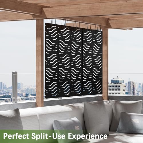 Cofar Metal Privacy Screen Outdoor 72" H×44" W -Black Freestanding Outdoor Privacy Panels with Stand, Decorative Fence for Patio, Deck, Balcony（Wicker） - style: 5-Panels Wicker_Black