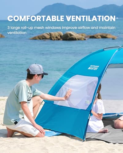 OutdoorMaster Beach Tent for 3/4/6/8 Person - Easy Setup Sun Shade Shelter, Portable Beach Shade Sun Canopy with UPF 50+ UV Protection, Removable Skylight Family Size - color: Blue, size: 3 Person