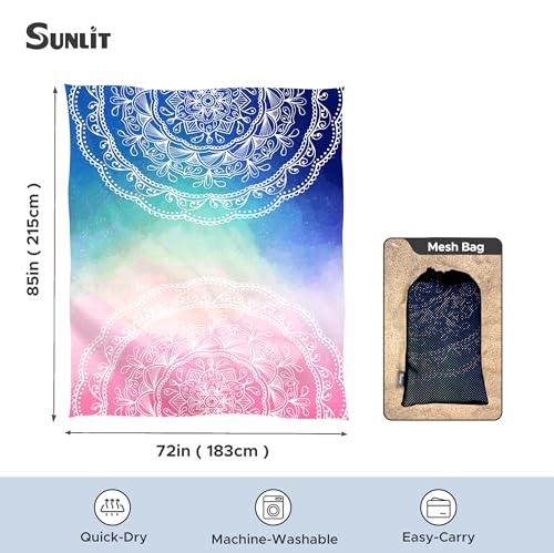 Sunlit Silky Soft Sand Proof Beach Blanket 106"x81" / 85"x72" Sand Proof Mat with Corner Pockets and Mesh Bag for Beach Party, Travel, Camping and Outdoor Music Festival, Mandala - color: Blue Pink, size: 85"x72"