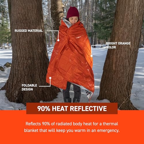 Survive Outdoors Longer 90% Heat Reflective Emergency Blanket - Polyethylene Rescue Blanket - Disaster Preparedness or Outdoor Survival Kit - Waterproof & Windproof - 56" x 84", 5.9 oz, Orange, 4 Pack