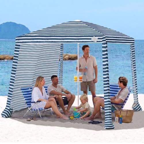 Qipi Beach Cabanas for Sand, Beach Canopy with Sandbags & Side Wall for Family, Easy Set Up Sun Shelter, UPF 50+ UV Protection with Roof Vent - color: 8' x 8' Sailor Stripes Dual-Fold