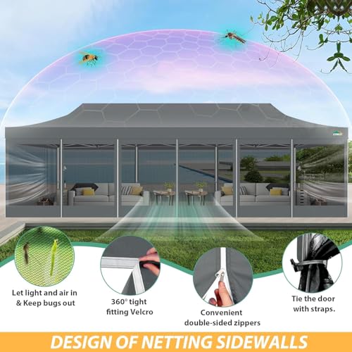 COBIZI 10x30 Pop Up Canopy with Sidewalls, Heavy Duty Canopy with Mosquito Netting, Easy up Screen Party Tents for Parties Backyard Outdoor Commercial Event Gazebo with Roller Bag, Sandbags, Gray - color: Gray, size: 10x30ft(standard)