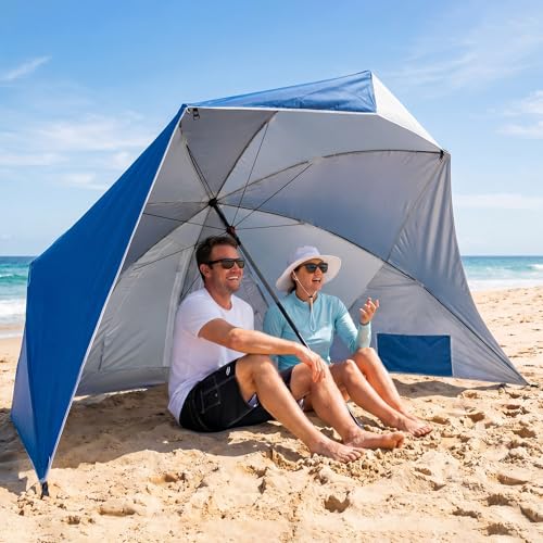 UPWELL Beach Tent Easy Set Up Canopy Sun Shelter Shade with UPF 50+UV Protection Portable Beach Umbrella Outdoor Sunwall with Sand Pockets for Fishing Backyard Camping(Navy Block) - color: Navy Block
