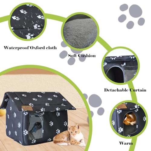 Cat House for Outdoor,Weatherproof Warm Feral Cats Shelter Outside/Indoor Collapsible Insulated Pet Houses Foldable Stray Cat Tent Cave for Kitty Puppy Small Animals Four Season(Black)