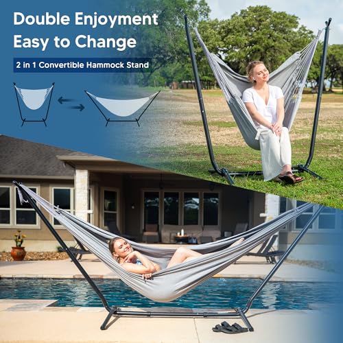SUNCREAT 2-in-1 Convertible Extra Large Hammocks with Stand, Heavy Duty 2 Person Hammock for Outside with Stand, Patented, Light Gray - color: A-light Gray