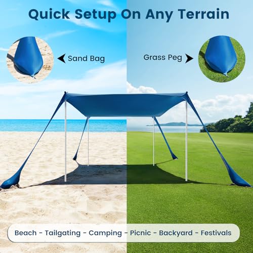 Beach Tent - 10 x 10 FT Beach Canopy, Outdoor Shade Canopy for Camping, Portable Beach Tent Sun Shelter UPF50 with 4 Stability Poles, Sandbags, Anti-Wind Ropes and Ground Pegs, Blue - style: 10*10 FT 4 Pole-Blue