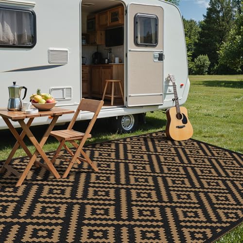sarben Outdoor Rug for Patio - Waterproof Plastic Straw Camping Rugs 8x16 ft, Reversible Outdoor Indoor RV Mat Carpet for Patio, Porch, Deck, Balcony, Picnic, Beach, Black Brown - color: Black&brown, size: 8' x 16' (Rectangular)