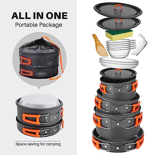 Odoland 15pcs Camping Cookware Non-Stick Lightweight Camping Pots and Pans Set with Kettle Plastic Plates Bowls Soup Spoon for Camping, Backpacking, Outdoor Cooking and Picnic - style: 15pcs W/ Pot
