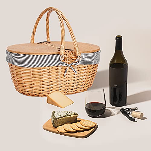 Wicker Picnic Basket with Liner, Wooden Split Lid Picnic Basket, Vintage-Style Picnic Hamper with Folding Woven Handle for Picnic, Camping, Outdoor, Valentine Day, Thanks Giving, Birthday (Grey) - color: Grey Stripe W/Liner