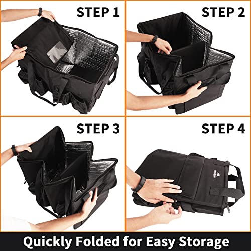 MATEIN Insulated Food Delivery Bag, XXXL Thermal Catering Bag for Hot & Cold Food, Water-Resistant Foldable Pizza Delivery Carriers for Transport with 4 Cup Holders & Reinforced Bottom, Black