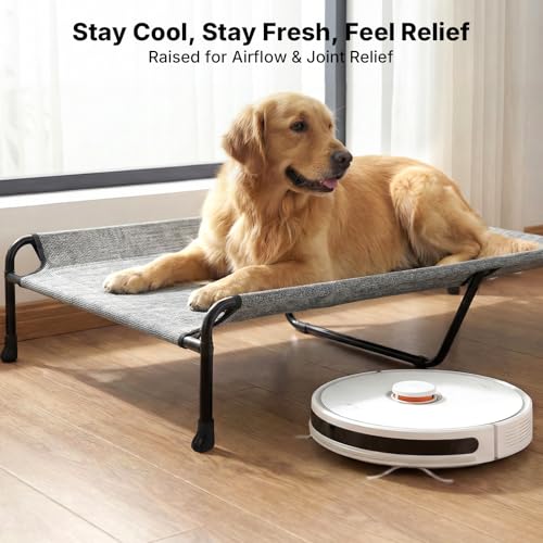 Veehoo Outdoor Dog Bed, 53" XXL Raised Dog Bed, Elevated Dog Bed with Headrest, Washable Cooling Dog Cot with Non-Skid Feet, Breathable Mesh, Portable Pet Hammock for Indoor or Camping, Black Silver - color: Black Silver, size: 53.0"l X 33.0"w X 11.0"th