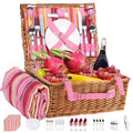 Neti Neti Wicker Picnic Basket for 4 with Insulated Cooler & Waterproof Blanket – Large Willow Picnic Hamper for Outdoor, Camping, Beach, Romantic Dates, Valentine’s Day - color: Red & Yellow Striped