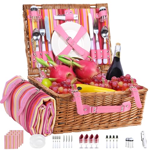 Neti Neti Wicker Picnic Basket for 4 with Insulated Cooler & Waterproof Blanket – Large Willow Picnic Hamper for Outdoor, Camping, Beach, Romantic Dates, Valentine’s Day - color: Red & Yellow Striped