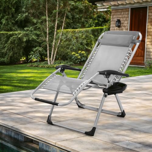 MoNiBloom Beach Chaise Lounge Chair, Patio Folding Recliner with Removable Cushion, Headrest & Tray, Portable Tanning Sunbathing Chair for Poolside Beach Porch Yard, Reinforced Bar, 330lbs Grey - color: Grey, size: Standard 1-Pack
