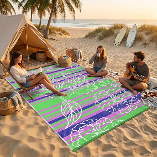 Garvee 6x9 Outdoor Waterproof Rug, Floral Outdoor Area Rug，Reversible Plastic Straw Patio Rug, Portable Camping Mat for RV, Picnic, Beach, Balcony, Garden & Camping Green - color: Green, size: 6' x 9' (Rectangular)
