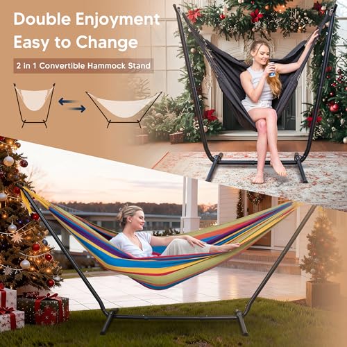 SUNCREAT 2-in-1 Convertible Backyard Fabric Hammock with Stand, Large Hammocks for Outside, Patented, Purple Stripe - color: A-purple Stripe