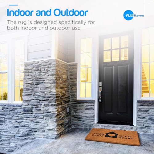 PLUS Haven Coconut Coir Home Entrance Door Mat – 17.5" x 30" | Open Door Open Heart Heavy-Duty Doormat for Indoor & Outdoor Use | Durable & Eco-Friendly - color: Open Door Open Heart