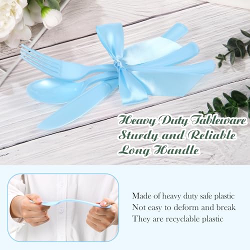 Minatee 25 Sets Light Blue Plastic Cutlery Set with Twist Tie Bows, Heavy Duty Tableware Disposable Forks Knives Spoons Silverware Utensils Set for Coquette Birthday Bow Party Table Setting Picnics - color: Light Blue