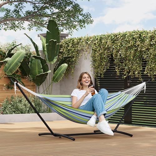 TrailBlaze Double Hammocks with Stand for Outside, Frabic Tension Adjustable Indoor,Carrying Bag Included, 450 lbs Capacity, Portable Space Saving Heavy-Duty Steel Stand for Indoor Outdoor Patio - color: Blue and Green Stripes