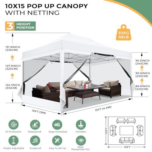 COBIZI 10x15 Heavy Duty Pop Up Canopy with 4 Sidewalls, Commercial Gazebo Party Tent with Mosquito Netting Wall Easy Set Up Outdoor Instant Screen Tent for Backyard, Patio, Garden, White - color: White, size: 10x15FT
