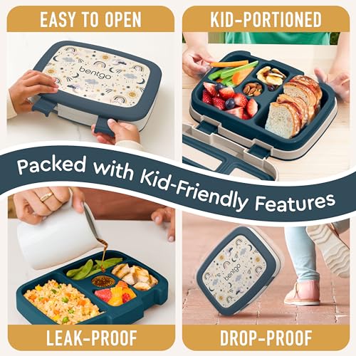 Bentgo Kids Prints Leak-Proof, 5-Compartment Bento-Style Kids Lunch Box - Ideal Portion Sizes for Ages 3-7, Durable, Drop-Proof, Dishwasher Safe, & PFAS & BPA-Free Materials (Friendly Skies) - color: Friendly Skies