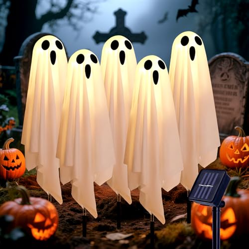 Halloween Decorations Solar Halloween Ghost Lights - Outdoor Ground Stake Spooky Decorations Ghosts for Yard Lawn Patio Porch Holiday Decor (Set of 5)