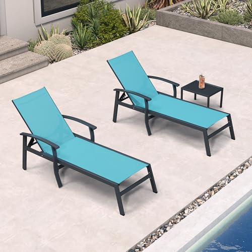 PURPLE LEAF Chaise Lounge Chair Outdoor 2 Pieces Pool Lounge Chairs 5 Adjustable Position with Armrests and Side Table Aluminum Patio Lounge Chair for Outside Backyard Beach Pool, Turquoise Blue - color: Turquoise Blue, size: Standard
