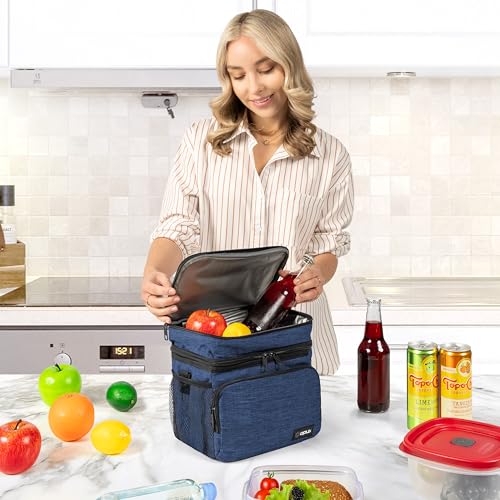 opux Insulated Lunch Bag for Men Women, Large Dual Compartment Cooler Bag, Soft Two Deck Lunch Box for Work School Picnic, Leakproof Lunch Tote with Shoulder Strap for Kid Adult (Navy, Double Deck) - color: Heather Navy, size: Double Deck