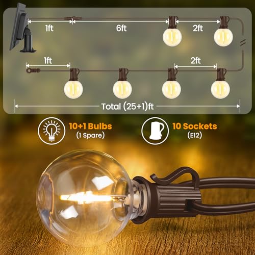 Mlambert 25FT Solar Powered String Lights Outdoor, Waterproof Solar Patio Light String with 10+1 Shatterproof LED G40 Bulbs for Backyard Garden-Brown - color: Brown