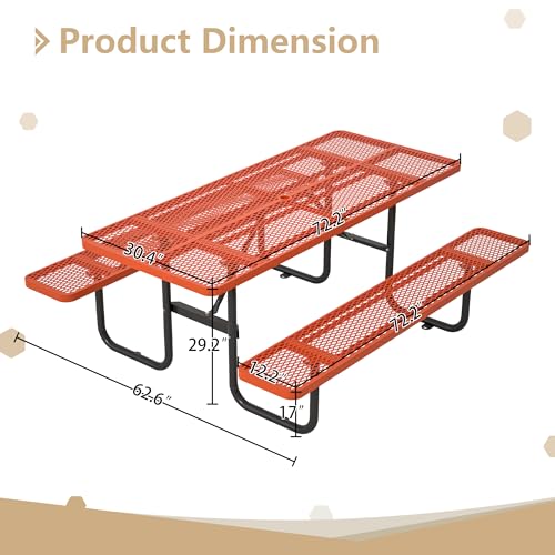 72'' Steel Rectangular Metal Picnic Table for Outdoors, Commercial Picnic Table with Umbrella Hole of Up to 1-1/2" Diameter, for Garden Courtyard BBQ, Orange - color: Orange
